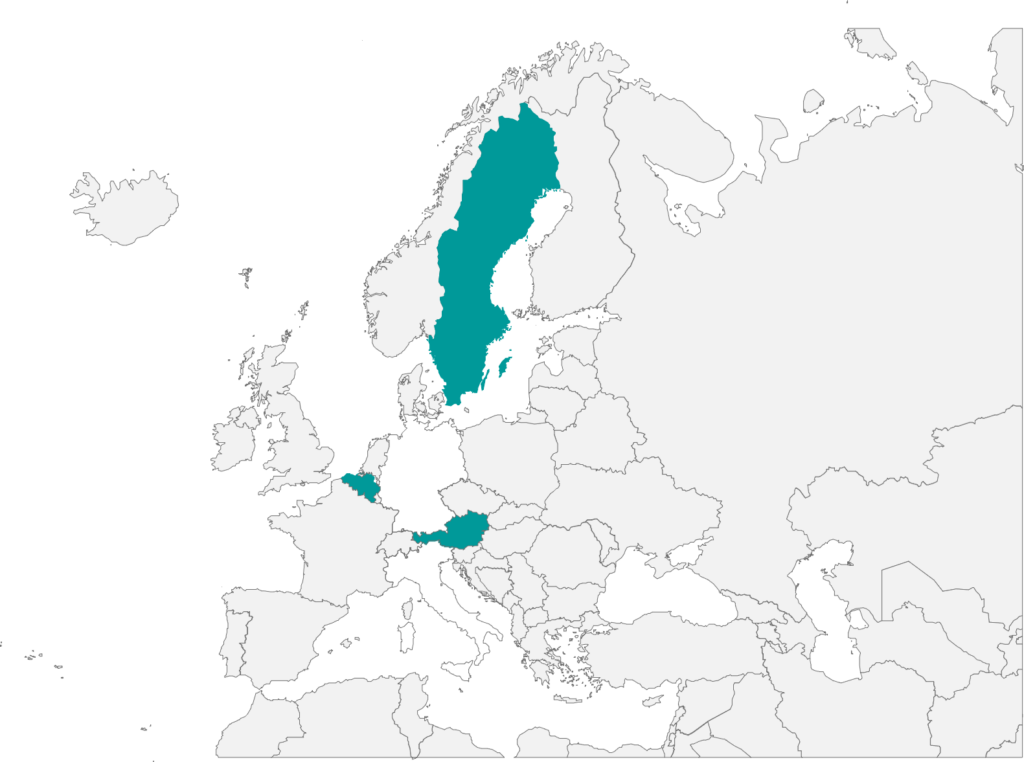 Map over Europe. Sweden, Belgium and Austria is marked in a cyan colour. 